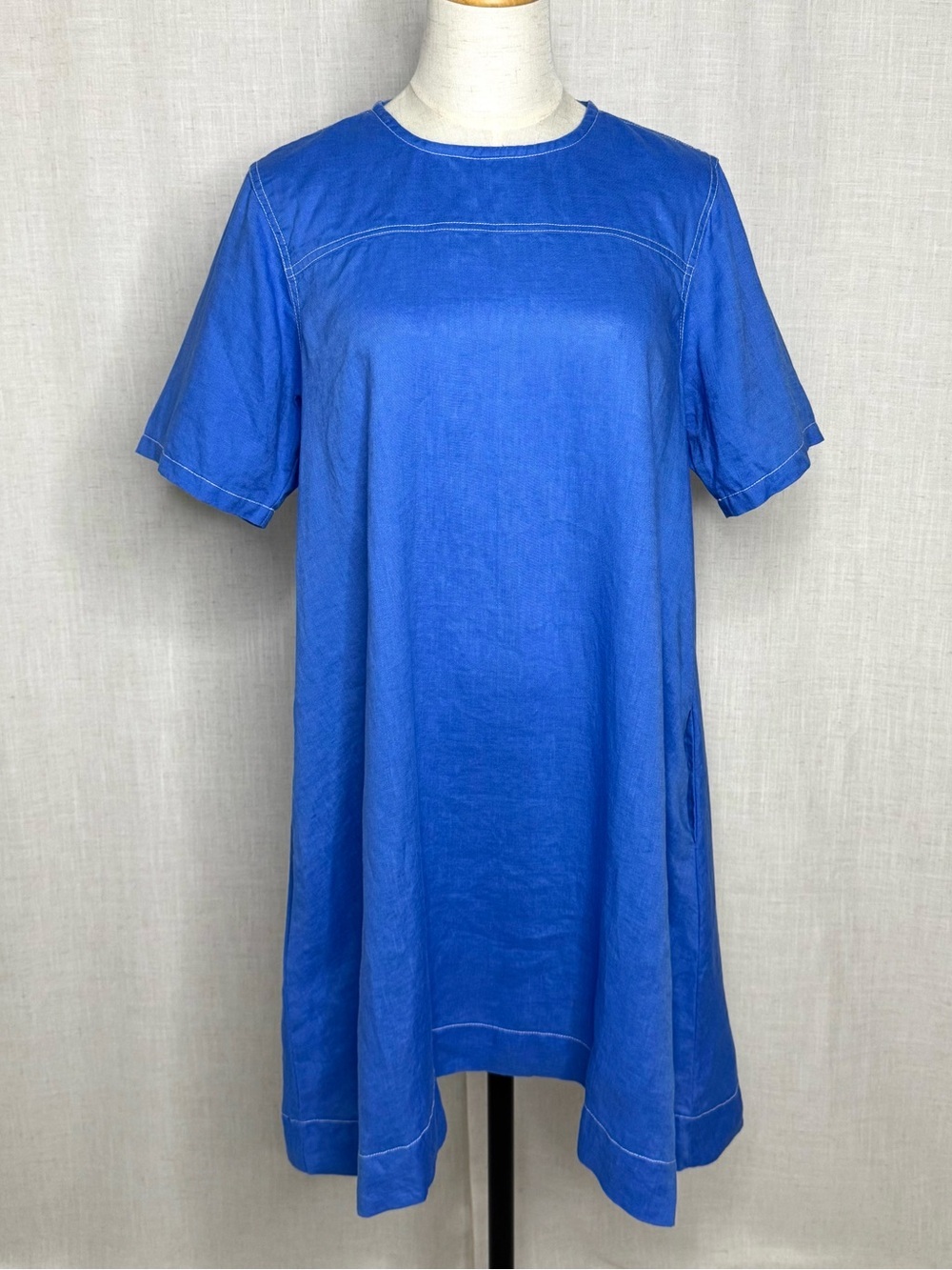 LJC Designs Linen Shift Dress A-Line Pockets Blue Size M